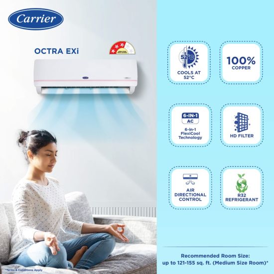 Carrier 18K Crystal Cool 1.5 Ton, 3 Star, Arctic White Inverter Split AC (Model - 18K OCTRA RXi Inv 3S SAC)