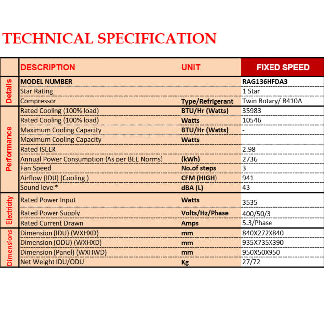 HITACHI CASSETTE AC FIXED SPEED 3.0TR 1 STAR RAG136HGDA3Q